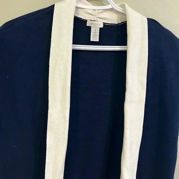 ❤️2/$30❤️[SZ1]Chico Cotton  Blend Short Sleeve Blue Cardigan with Cream Trim - Picture 2 of 5